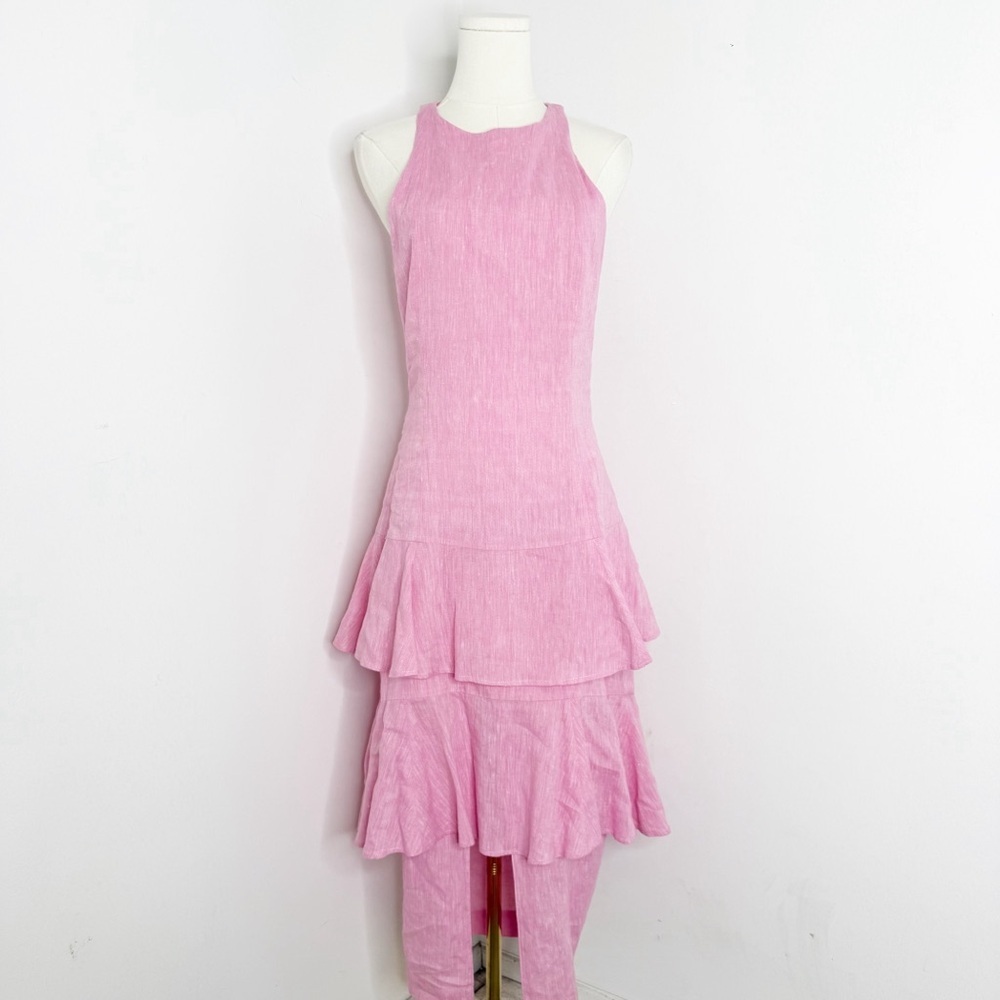 Paper London Pink 100% Linen Tiered Ruffle Dress – Size 6